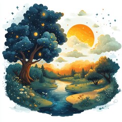 Wall Mural - A simple bright cartoon scene for a song for kids showing night on the left and day on the right blended together.