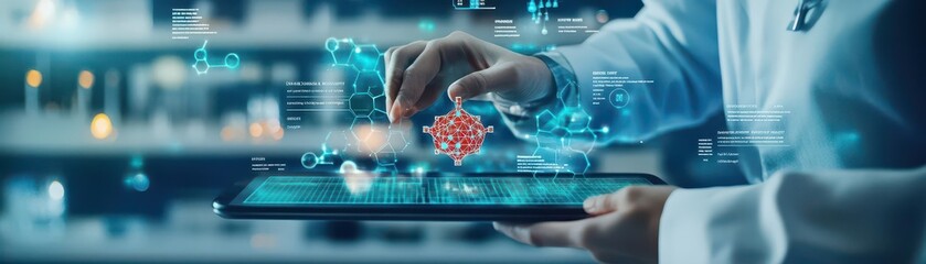 Poster - Holographic tablet display showing a 3D model of a drug compound, with a scientist manipulating the model in midair, surrounded by floating data on chemical properties