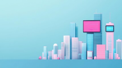 Poster - Hightech skyscrapers with digital billboards, flat design, side view, futuristic urban landscape theme, cartoon drawing, Triadic Color Scheme