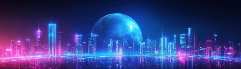 Fototapete - Futuristic city with neonlit bridges connecting buildings, a giant planet looming over the skyline, neon blue glow, Scifi, Isometric view