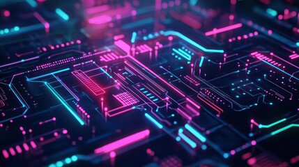 Poster - Futuristic circuit board, glowing neon patterns, abstract digital grid, dark tech background
