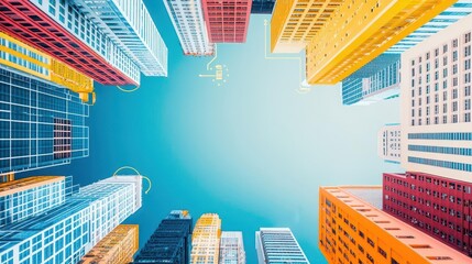 Poster - Digital transformation in urban planning, flat design, top view, city innovation theme, water color, vivid