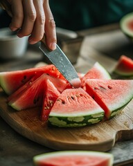 Wall Mural - A hand slicing a watermelon into wedges on a wooden cutting board.