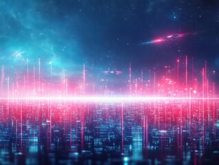 Wall Mural - cityscape with glowing red and blue neon lights, space nebula illuminating the night sky, spacecraft