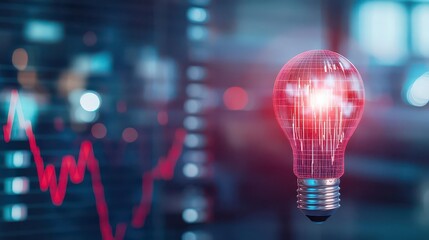 Poster - Bright light bulb with rising sales chart, close up, focus on, copy space, sharp red and white contrasts, Double exposure silhouette with business growth
