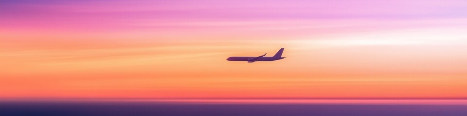 passenger plane flying in the sky at sunset, with orange and purple colors, a simple background, concept of free and open world, travel and passenger transport