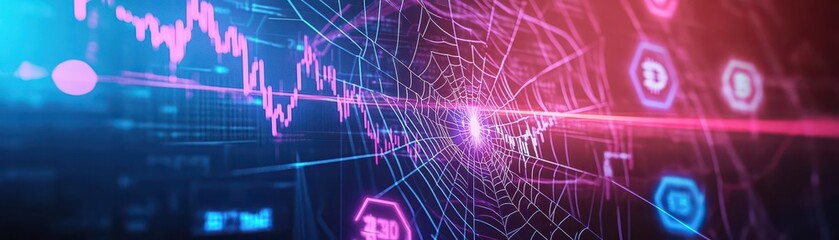 Aufkleber - An abstract digital spider weaving a web made of glowing stock charts, trapping virtual currency symbols, vibrant neon, cyberpunk, high detail, 3D effect
