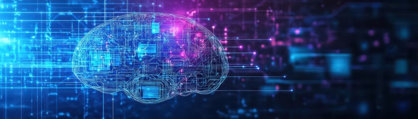 Poster - Abstract AI brain hologram with circuit lines extending to floating screens, futuristic, hightech, blue and purple tones, holographic glow, AI connections
