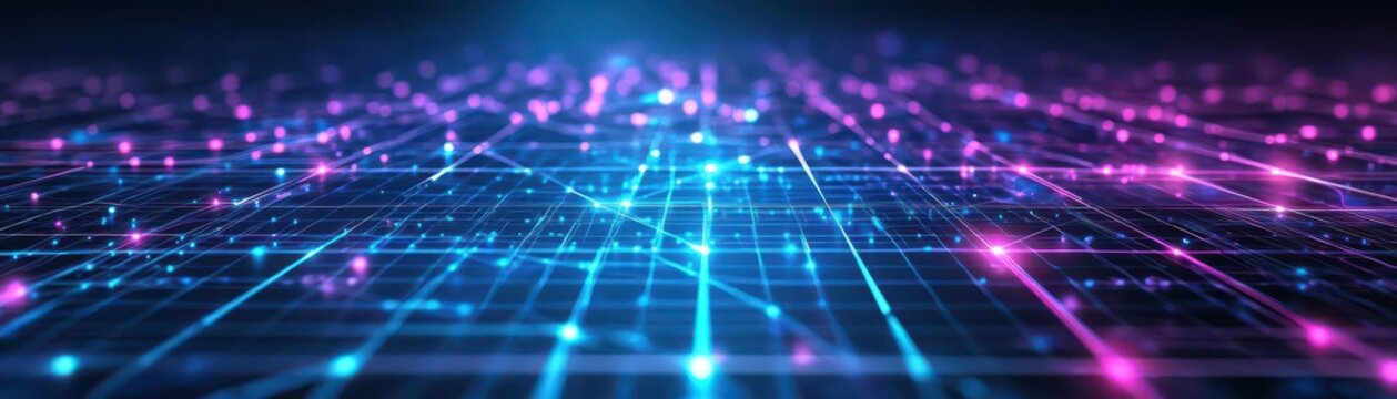 A virtual grid with intersecting glowing lines, representing a digital highway of data, abstract futuristic, 3D geometric design, neon blue and purple glow