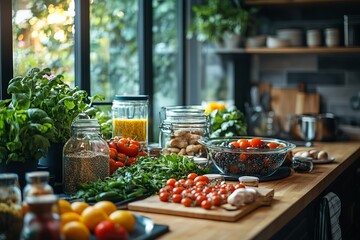 Canvas Print - A kitchen countertop with fresh produce, herbs, and spices.