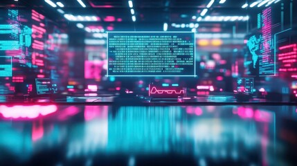 Poster - A futuristic AIcontrolled office filled with traps made of digital code, set for entrepreneurs who dont adapt to technology, vibrant neon lights, high contrast