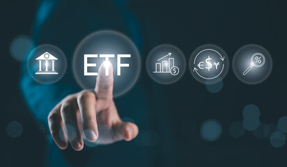 Poster - ETF Investment Concept. Exchange Traded Fund, Businessman with ETF icons, representing financial and investment concepts like exchange-traded funds, money, and interest rates. Stock market index fund,