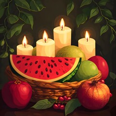 Wall Mural - lit candles surrounding a basket of fruits like watermelon