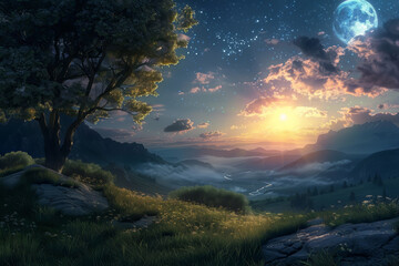 Wall Mural - In the early morning, light breaks over a peaceful valley highlighted by a glowing sun, green meadows, a majestic tree, and distant mountains under a starlit sky