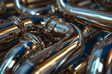 Poster - a detailed examination of several polished metal pipes arranged closely together, reflecting light a