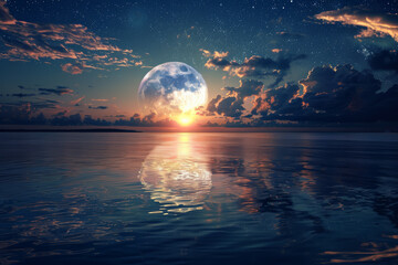 Wall Mural - The tranquil waters mirror a stunning sunset as a full moon rises, surrounded by clouds and twinkling stars, creating a peaceful atmosphere