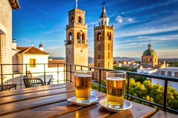 Wall Mural - touristic perspective of the tower of espantaperros with beers and olive tapa on bar terrace
