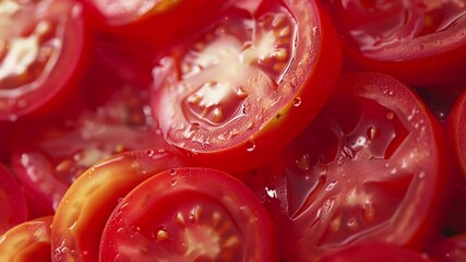 Wall Mural - Close up of Tomato background, top view. Video high resolution macro videography for advertising or food design.	