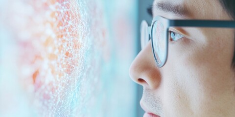 Poster - Focused Korean Male Scientist Analyzing AI Data on Large Screen at Night