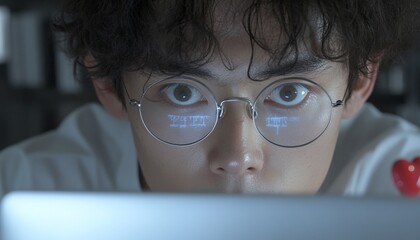 Poster - Focused Korean Male Scientist Analyzing Data on Laptop at Night with Birthday Decorations in Tech Lab