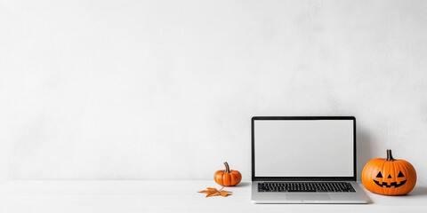 Poster - Minimalist Halloween Office Desk with Laptop and Pumpkin Decorations in Daylight