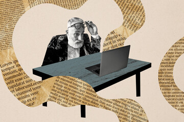 Poster - Creative collage picture elder man online book reader novel text page laptop digital device computer web drawing background