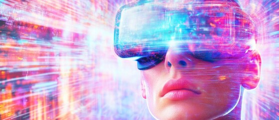 Leinwandbilder - Woman Immersed in Futuristic Virtual Reality Experience with Vibrant Abstract Glowing Patterns