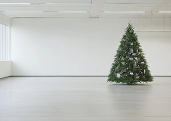 Aufkleber - Minimalist Green Christmas Tree Decorated with Electronic Components in Modern Office Lobby