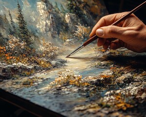 A painter's hand delicately applies paint to a canvas depicting a serene landscape, showcasing the beauty of nature and the artist's meticulous process.