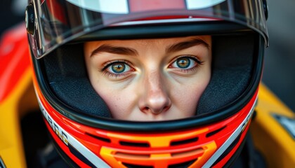 portrait of a female racing driver, woman in helmet