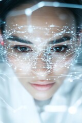 Poster - Focused Indian Female Data Scientist Analyzing Holographic Display in High-Tech Lab at Night