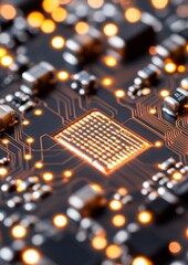 Poster - Macro Shot of Glowing Circuit Board Traces and Components Covered in Shining Orange Lights