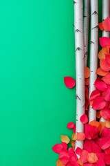 Poster - Vibrant Autumn Leaves on Metallic Birch Trees Against a Green Background