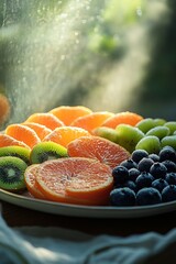 Canvas Print - A plate of fresh fruit with kiwi, orange, grapes, and blueberries.