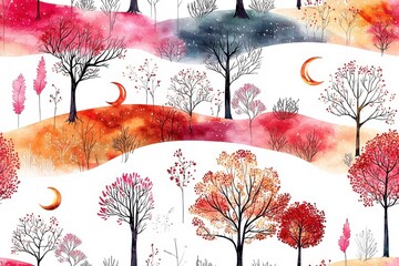 Watercolor trees and hills, vibrant colors, artistic design.