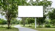 © Preecha - Blank billboard in a park setting with trees and a walking path in the background, ideal for advertising text, deep depth of field, Product photography with high resolution, studio lighting,