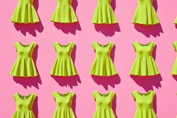 Poster - Neon Green Dresses on Soft Pink Background Bright, Vibrant Repetition and Color Contrast in Stock