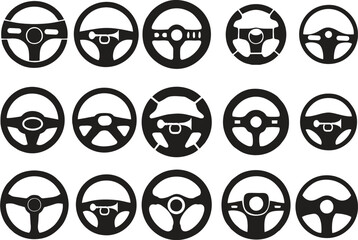 Steering wheel icon set. Vehicle driver symbol templates. Car and driver logo in multiple style for designing apps and games. Driving school poster or banner. Editable vector, eps 10.