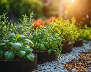 A row of potted herbs growing in a garden, bathed in warm sunset light.