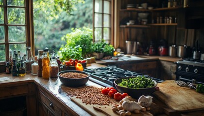 Canvas Print - A rustic kitchen countertop with fresh ingredients, including tomatoes, garlic, herbs, and grains, ready for cooking.