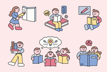 Fototapete - Cute characters read books, discuss them, and write book reviews. outline simple vector illustration.