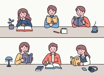Poster - students are sitting at their desks and reading books. outline simple vector illustration.