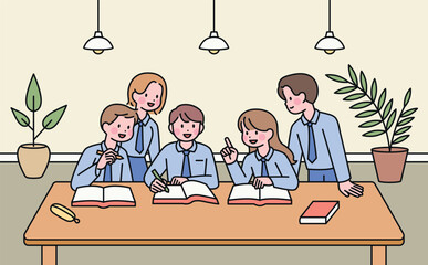 Poster - Students in school uniforms are sitting together and discussing. outline simple vector illustration.