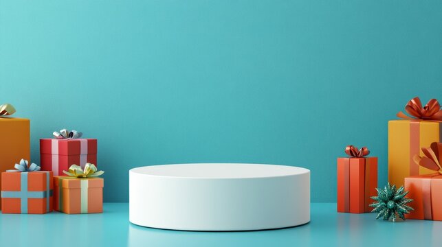 Sleek white podium centered amidst bright gift boxes on a blue wall background, creating space for text overlays