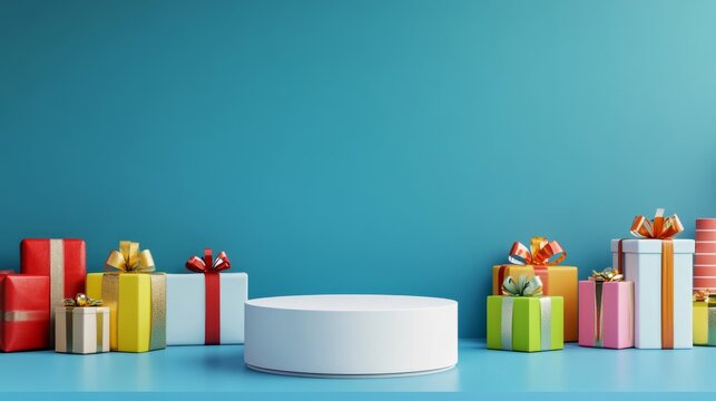 Sleek white podium centered amidst bright gift boxes on a blue wall background, creating space for text overlays
