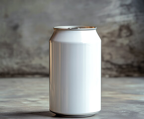 A can of soda is sitting on a grey surface