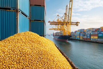 Global Grain Commerce: Crane Loading Corn onto Cargo Ship in Harbor Scene with Containers Background