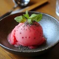 Canvas Print - A single scoop of pink sorbet topped with chia seeds and mint on a black plate.