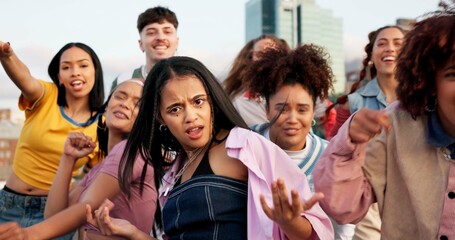 Wall Mural - City, hip hop and portrait of dance people outdoor together for culture, street or urban style. Attitude, energy and performance with dancer group in town for art, creative or performance recital