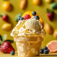 Canvas Print - A single serving of vanilla ice cream topped with blueberries, raspberries, and a slice of orange in a waffle cone, with fresh fruit in the background.